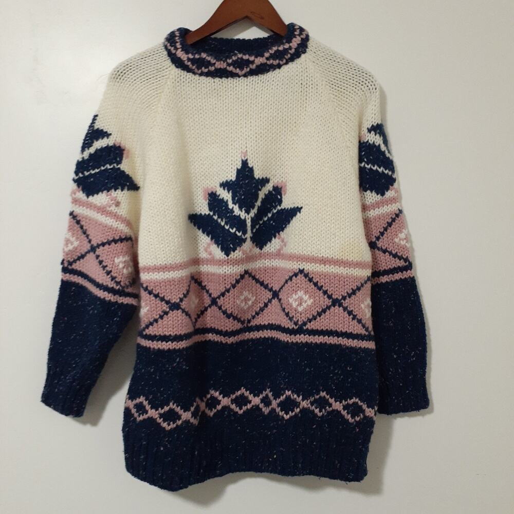Vintage Susann D Sweater Women's M Cream Navy Pink Acrylic Knit
